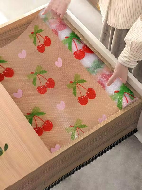 1 Roll Red Cherry Cabinet Liner, Drawer Liner, Non-Slip EVA Refrigerator Liner, Waterproof/Oil-Proof Transparent Fruit Print Liner, Table Mat, Back To School Supplies (Non-Adhesive).